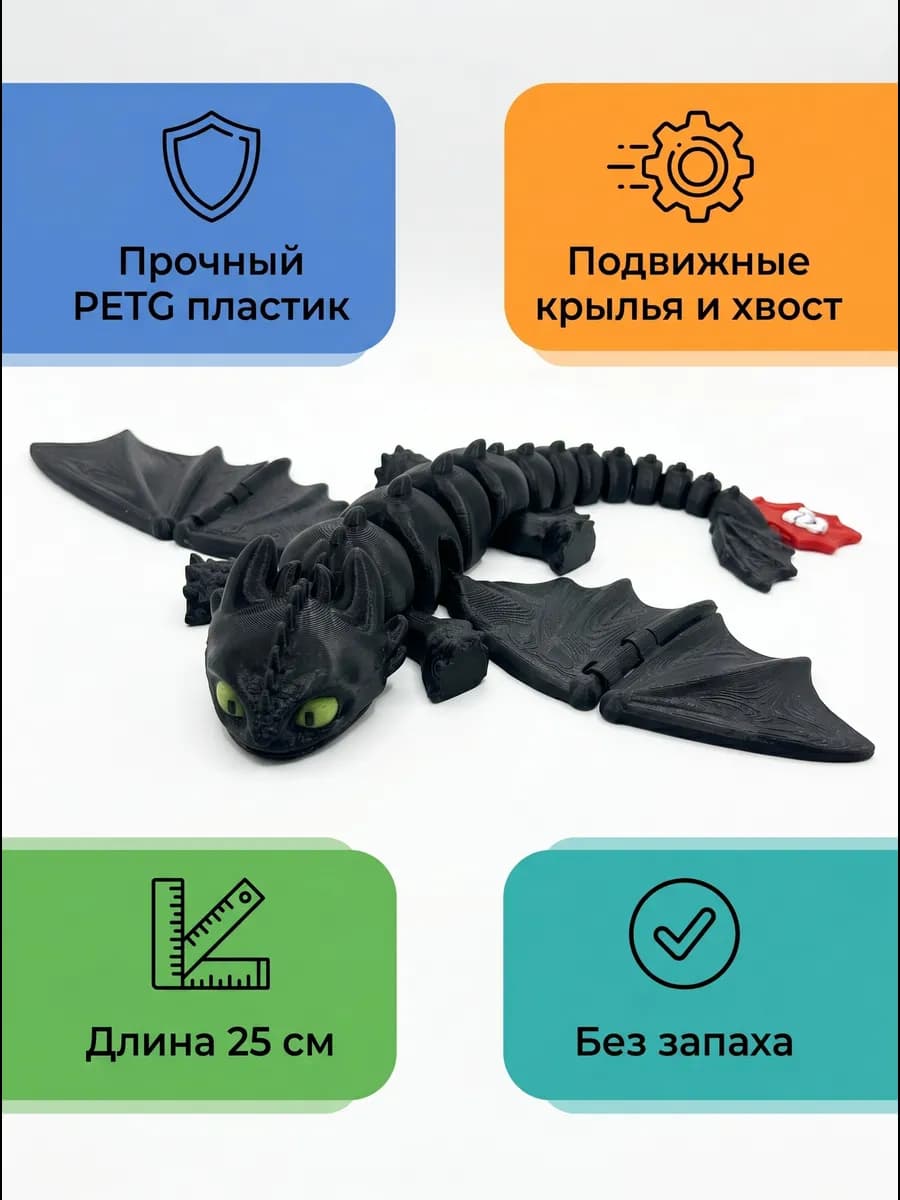 Беззубик фигурка подвижный дракон 3D ночная фурия 25 см — миниатюра 6